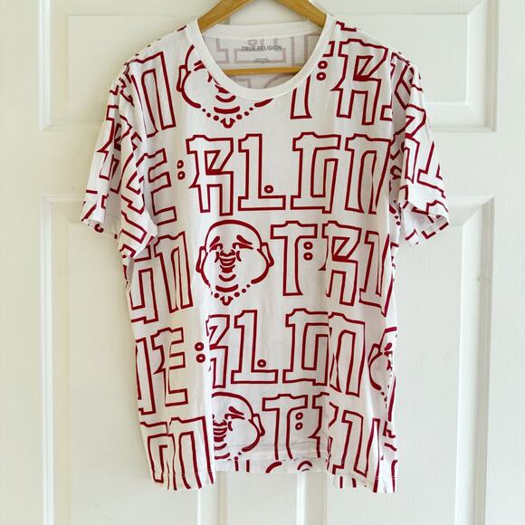 True Religion T-Shirt Mens Large White Red All Over Print Buddha Graphic Y2K - Picture 1 of 5